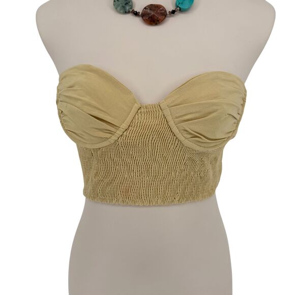 Zara Bustier Crop Top MEDIUM Beige Linen Blend Wire Corset Sweetheart Smocked - Picture 4 of 14